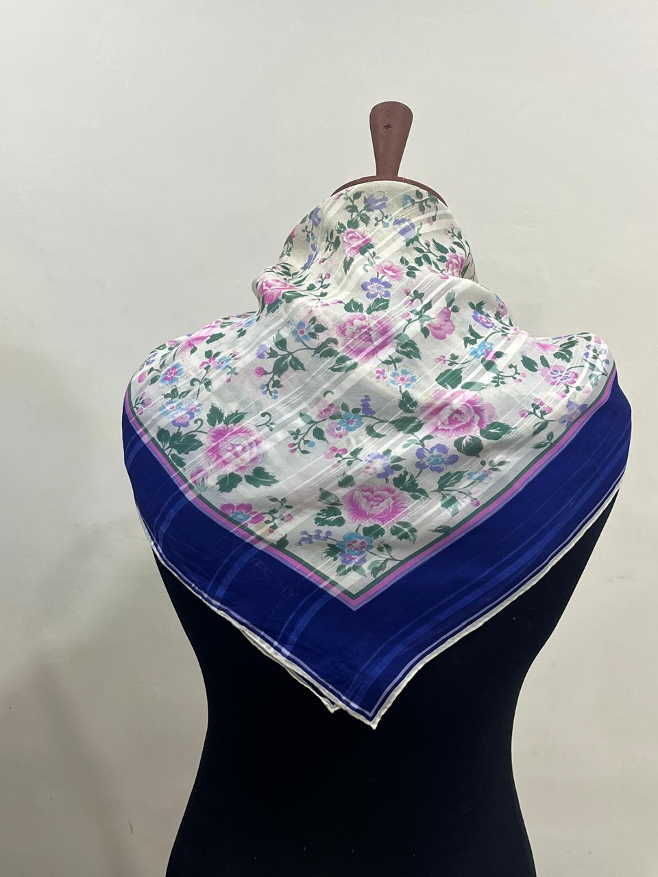 Vintage Givenchy Floral Silk Chiffon Scarf – Navy Border & Pink Roses