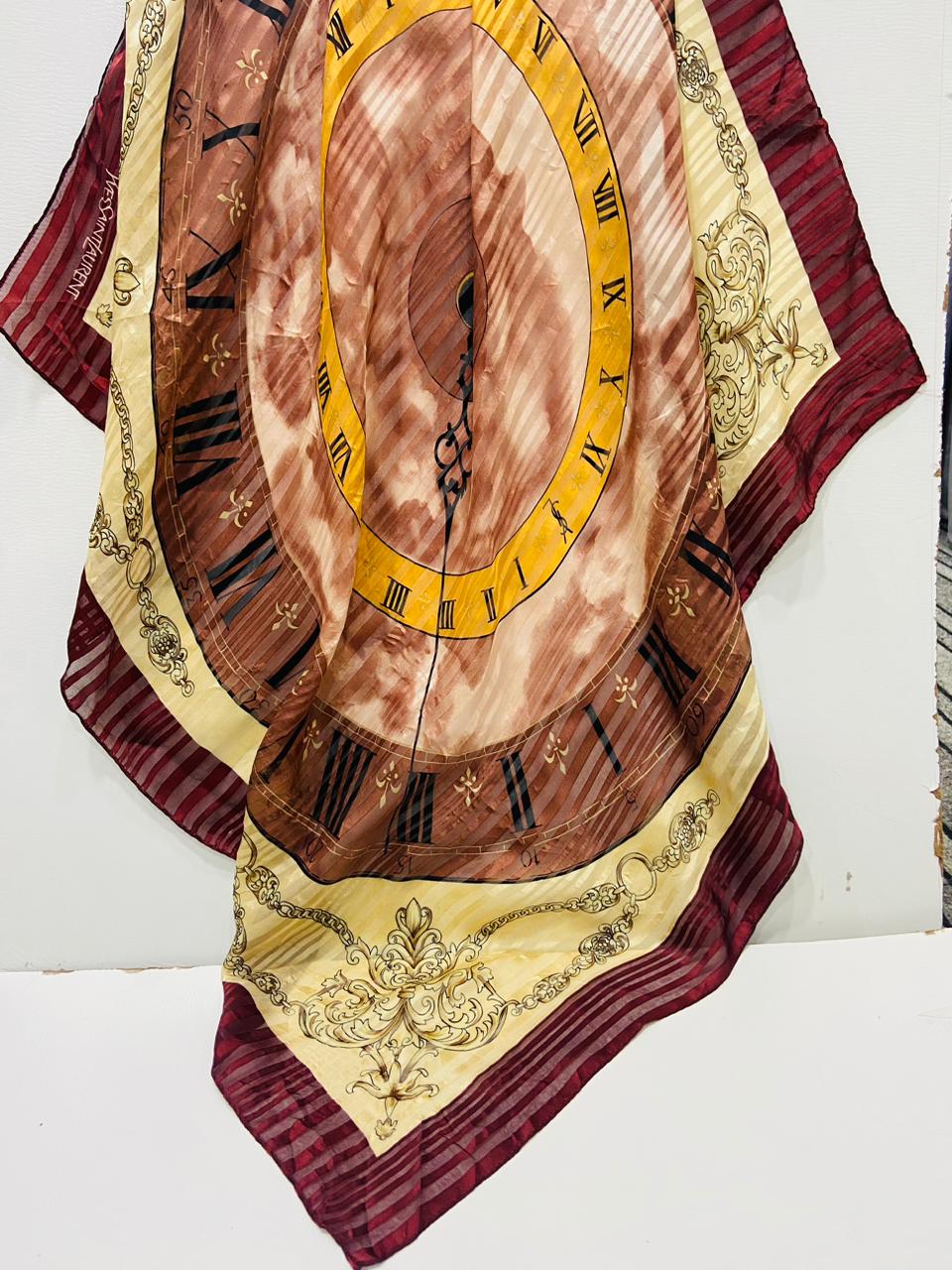Vintage Yves Saint Laurent YSL Clock Face Roman Numeral 100% Silk Scarf