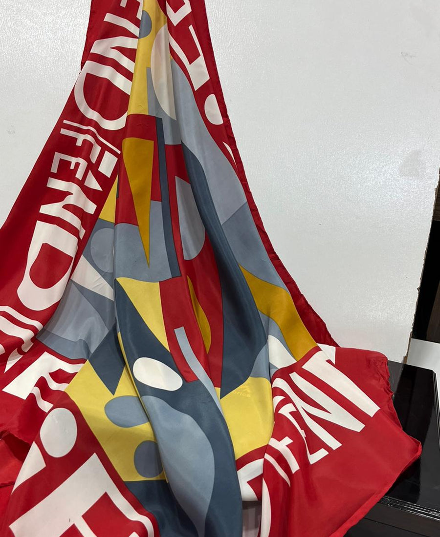Authentic Vintage FENDI Silk Scarf Geometric Abstract Red Yellow Blue 35" Square
