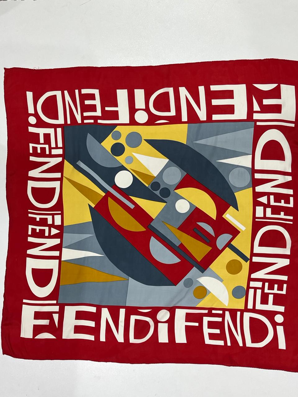 Authentic Vintage FENDI Silk Scarf Geometric Abstract Red Yellow Blue 35" Square