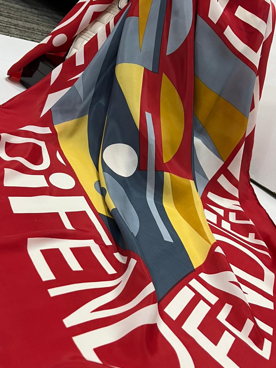 Authentic Vintage FENDI Silk Scarf Geometric Abstract Red Yellow Blue 35" Square
