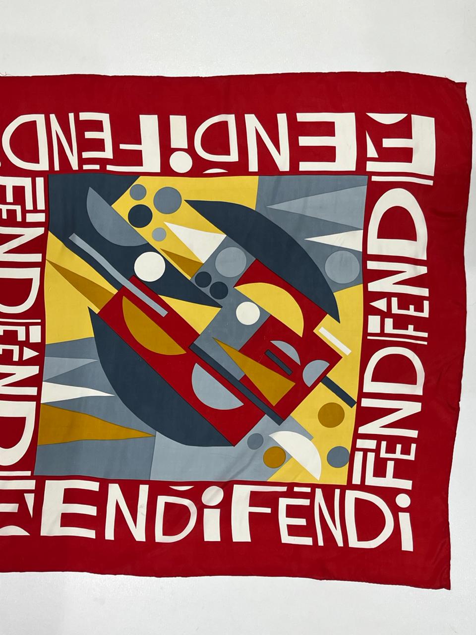 Authentic Vintage FENDI Silk Scarf Geometric Abstract Red Yellow Blue 35" Square