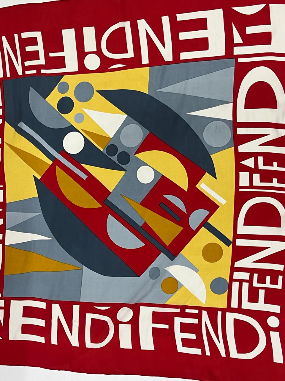 Authentic Vintage FENDI Silk Scarf Geometric Abstract Red Yellow Blue 35" Square