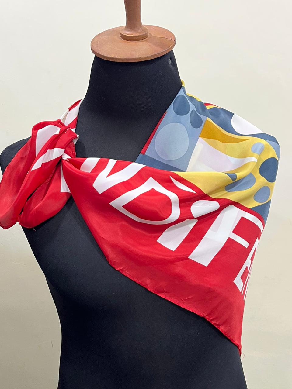 Authentic Vintage FENDI Silk Scarf Geometric Abstract Red Yellow Blue 35" Square