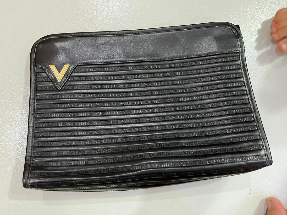 Vintage Mario Valentino Black Leather Monogram Clutch Bag Made in Italy MT36