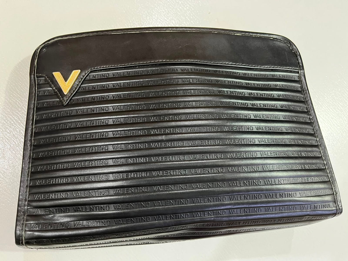 Vintage Mario Valentino Black Leather Monogram Clutch Bag Made in Italy MT36
