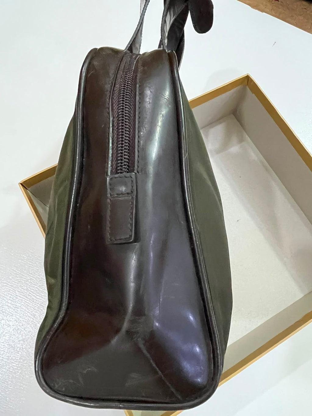 Vintage Prada Tessuto Nylon & Leather Top Handle Satchel Bag – Olive Green & Dark Brown