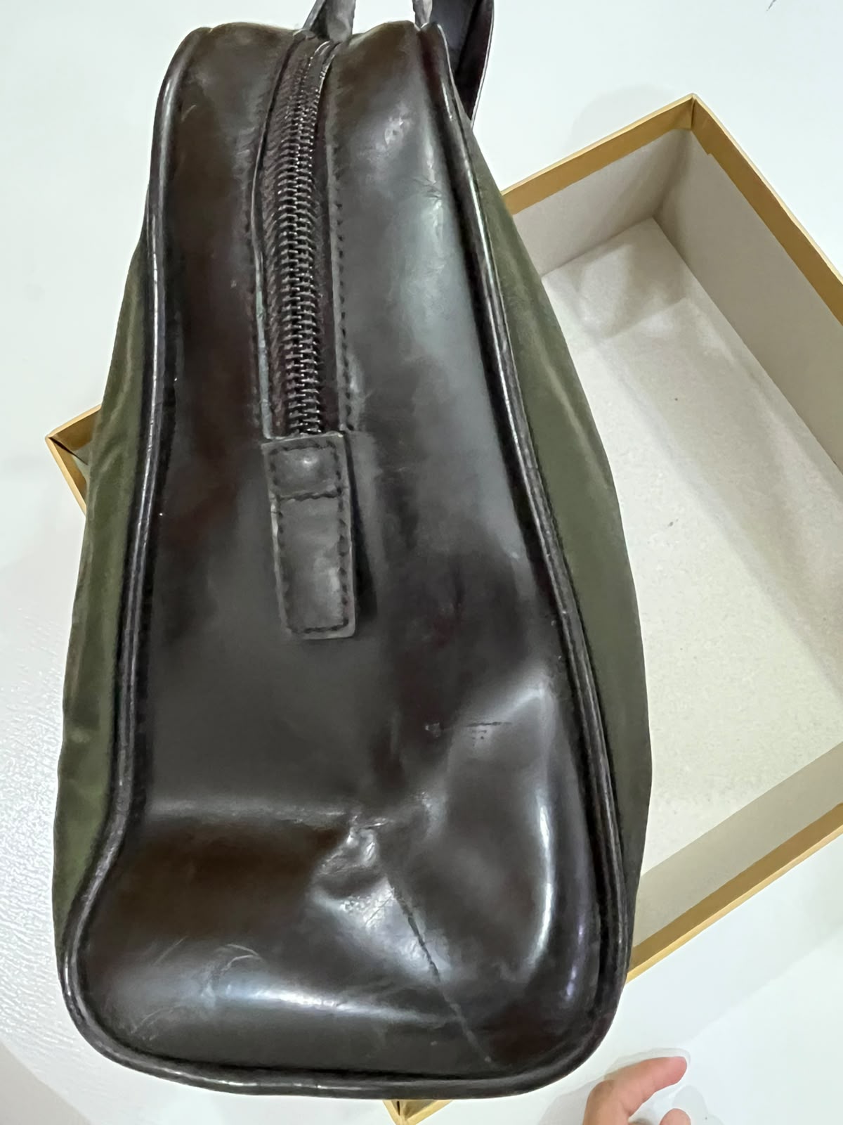 Vintage Prada Tessuto Nylon & Leather Top Handle Satchel Bag – Olive Green & Dark Brown