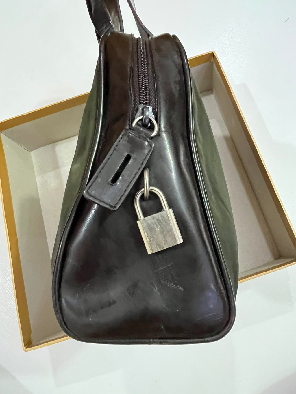 Vintage Prada Tessuto Nylon & Leather Top Handle Satchel Bag – Olive Green & Dark Brown