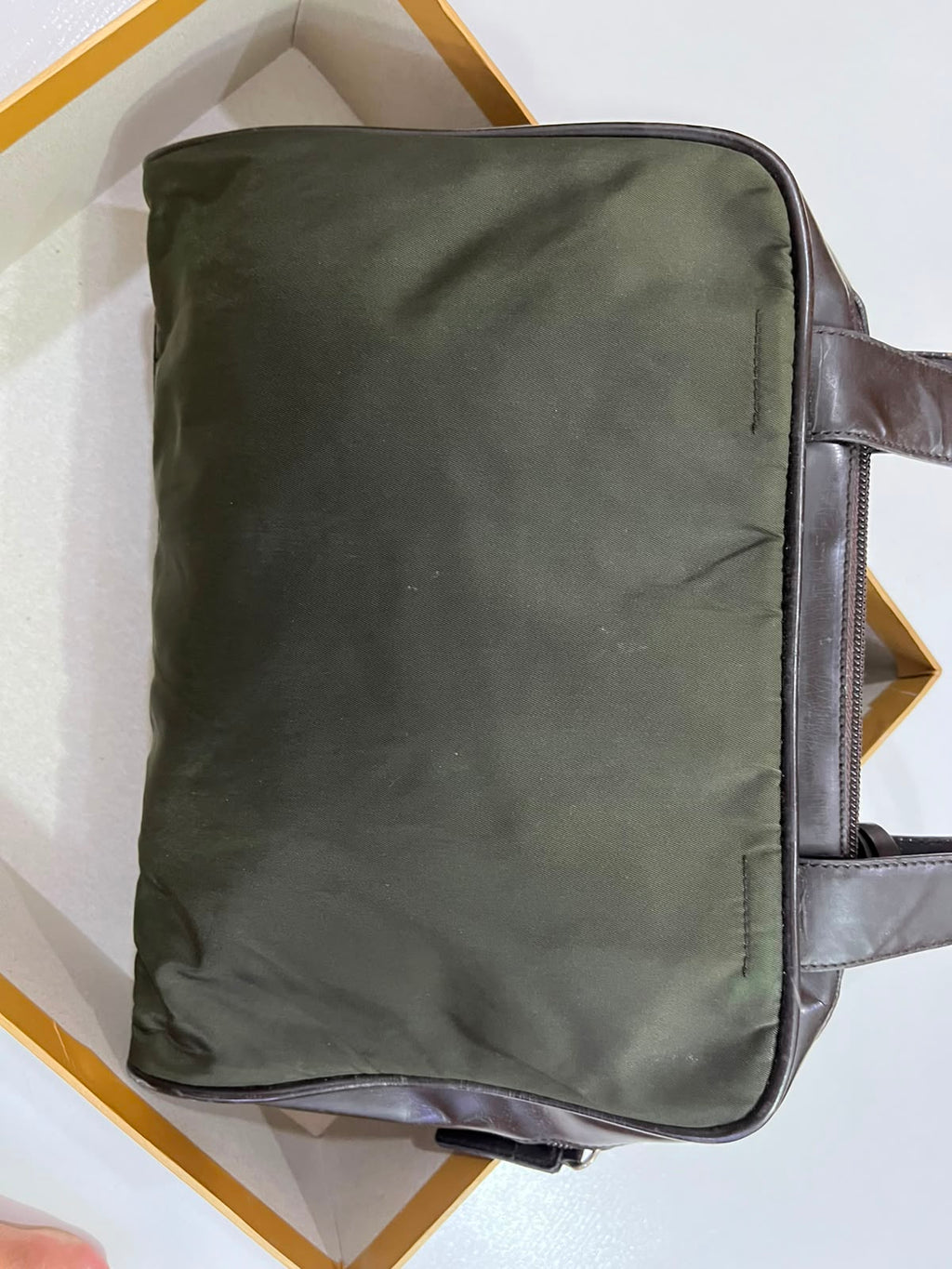 Vintage Prada Tessuto Nylon & Leather Top Handle Satchel Bag – Olive Green & Dark Brown