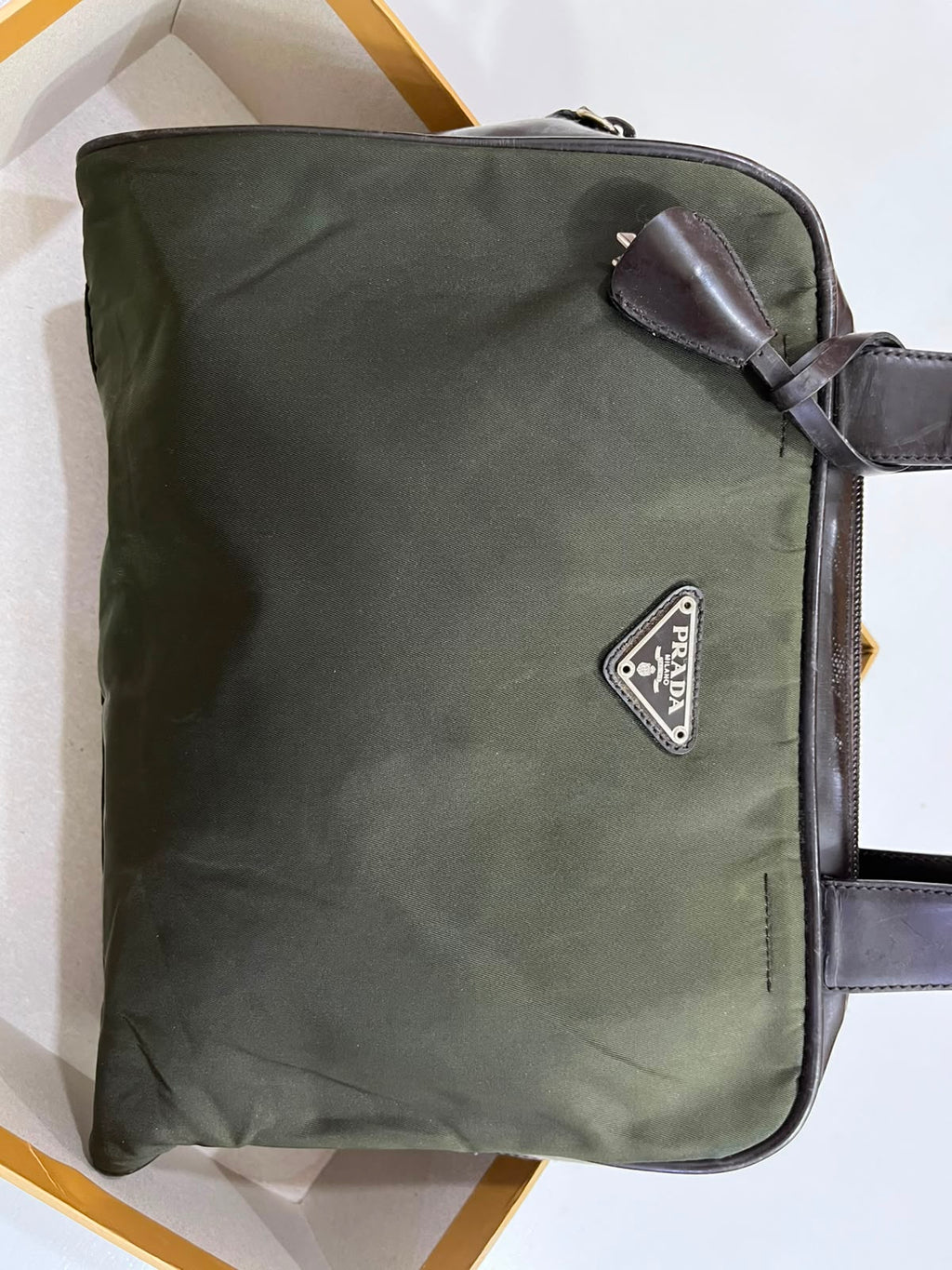 Vintage Prada Tessuto Nylon & Leather Top Handle Satchel Bag – Olive Green & Dark Brown
