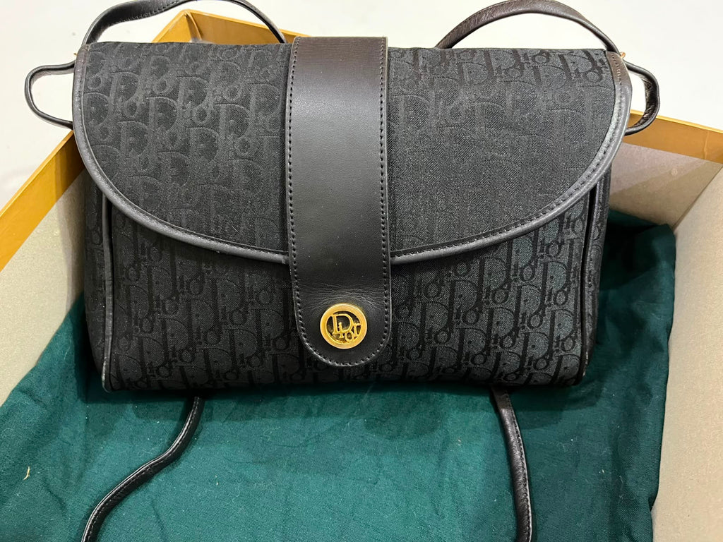 Vintage Christian Dior Black Oblique Monogram Flap Shoulder Bag
