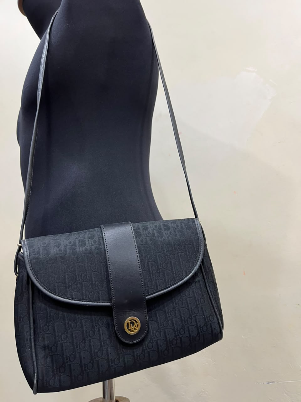 Vintage Christian Dior Black Oblique Monogram Flap Shoulder Bag