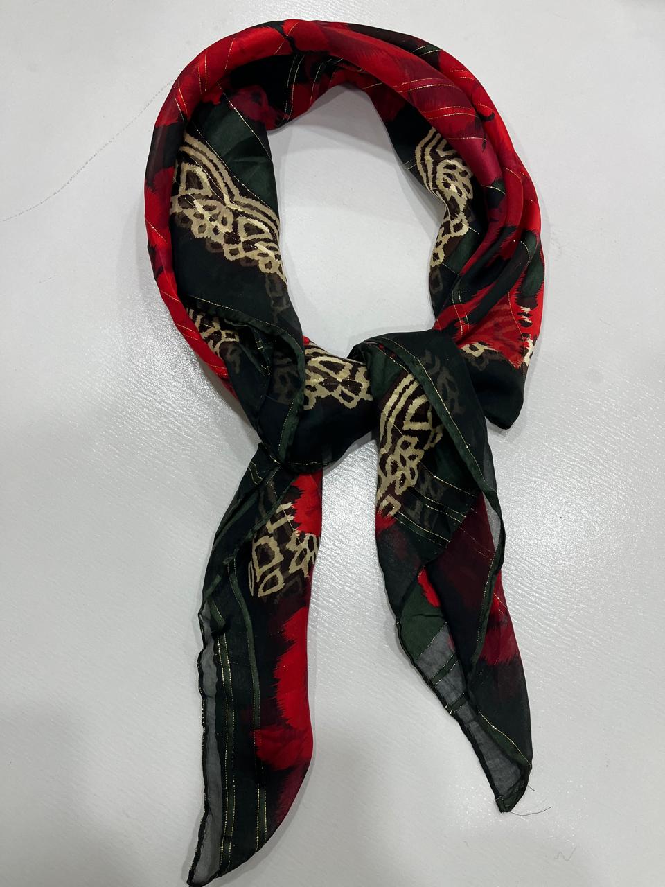 Vintage Nina Ricci Paris Seoul Silk Scarf Sheer Chiffon Red Rose Floral Lurex