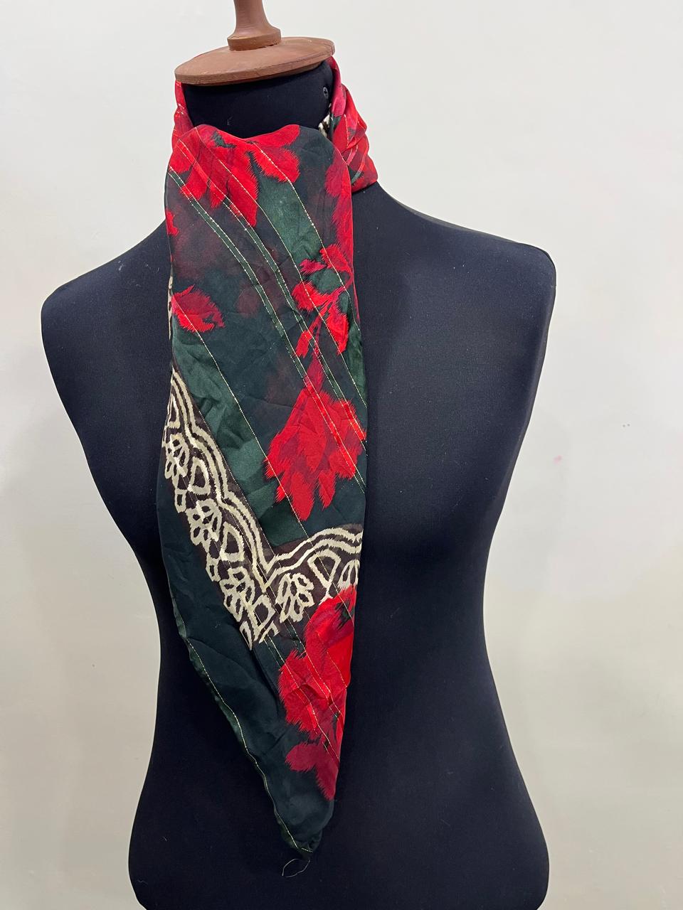 Vintage Nina Ricci Paris Seoul Silk Scarf Sheer Chiffon Red Rose Floral Lurex