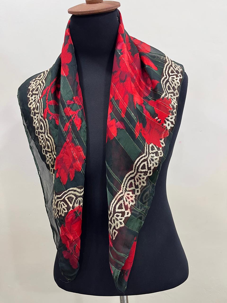 Vintage Nina Ricci Paris Seoul Silk Scarf Sheer Chiffon Red Rose Floral Lurex