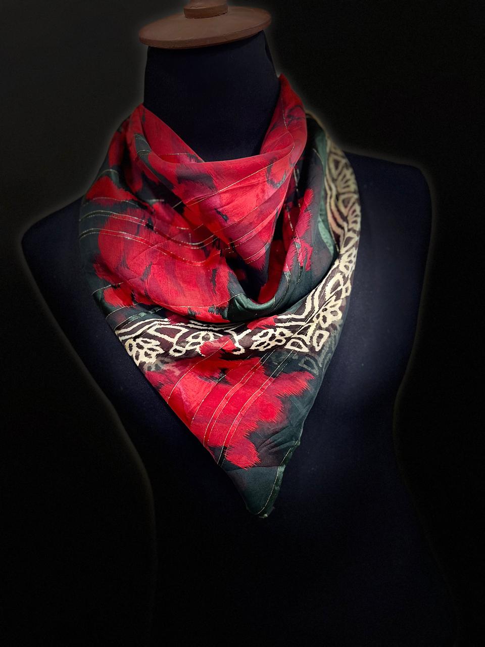 Vintage Nina Ricci Paris Seoul Silk Scarf Sheer Chiffon Red Rose Floral Lurex