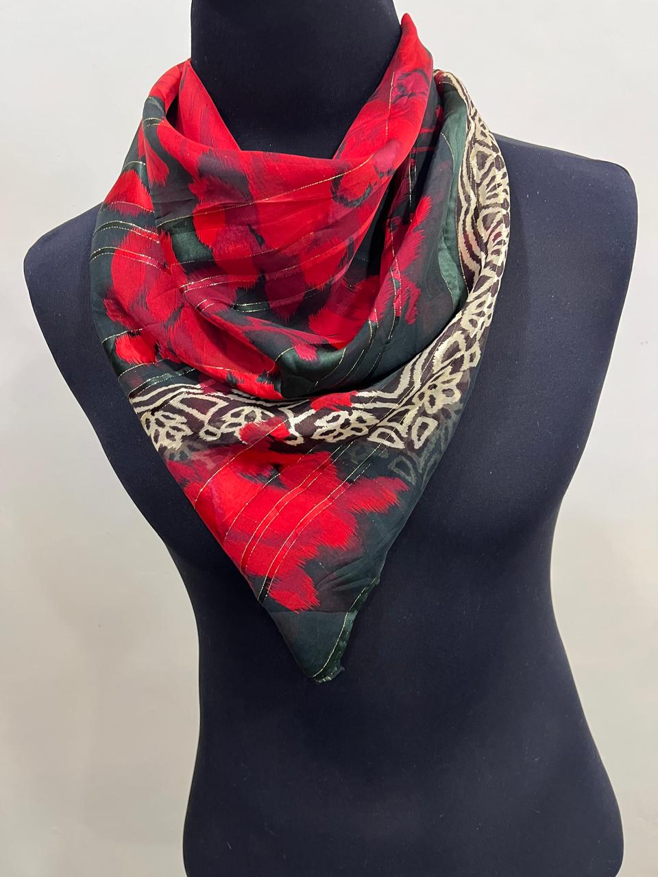Vintage Nina Ricci Paris Seoul Silk Scarf Sheer Chiffon Red Rose Floral Lurex