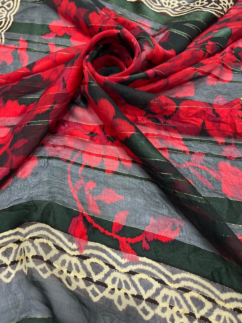 Vintage Nina Ricci Paris Seoul Silk Scarf Sheer Chiffon Red Rose Floral Lurex