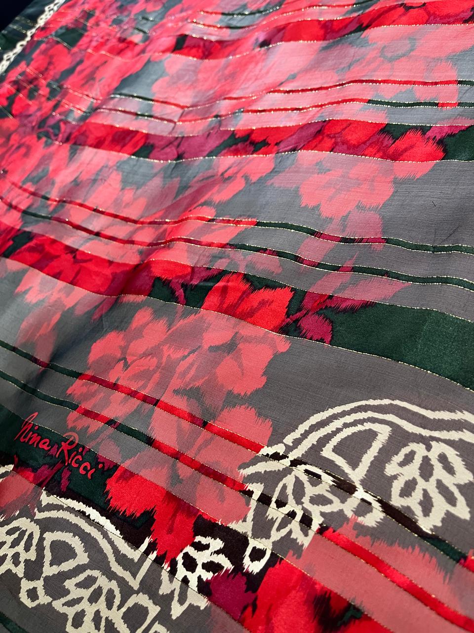 Vintage Nina Ricci Paris Seoul Silk Scarf Sheer Chiffon Red Rose Floral Lurex