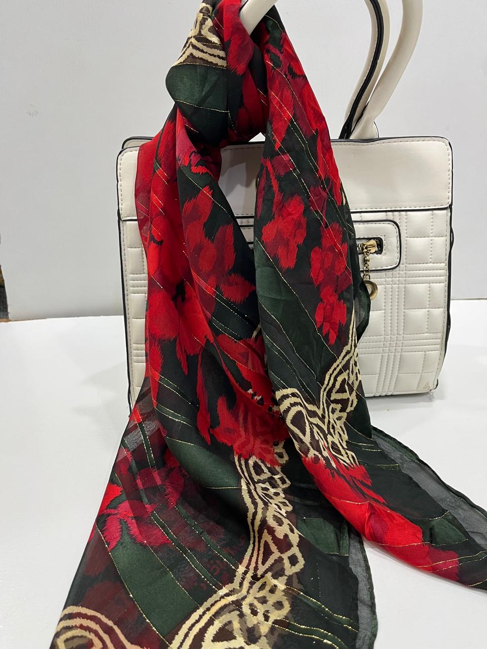 Vintage Nina Ricci Paris Seoul Silk Scarf Sheer Chiffon Red Rose Floral Lurex